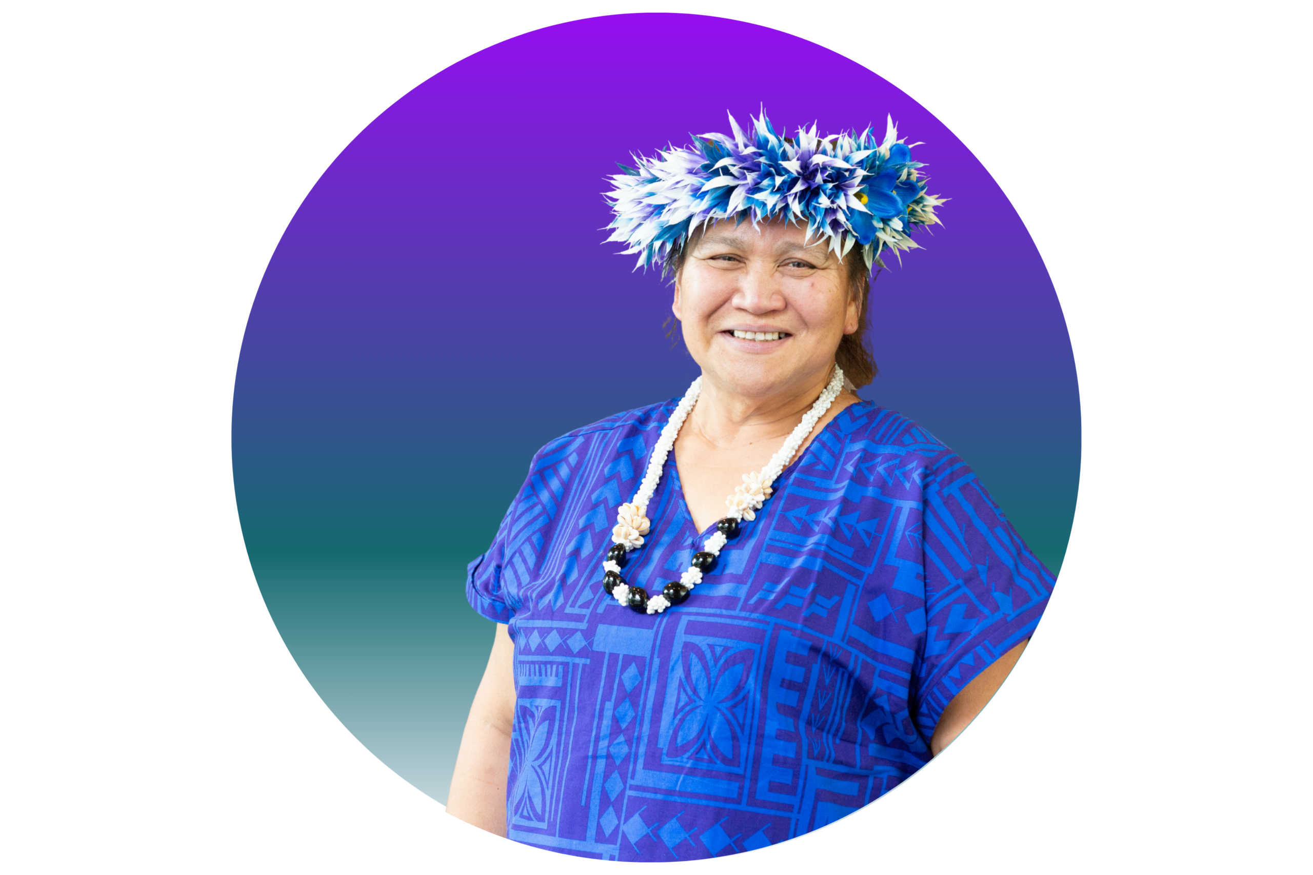 Mary is a middle aged Pasifika woman wearing a blue shirt, shell necklace, and blue 'ei katu headress.