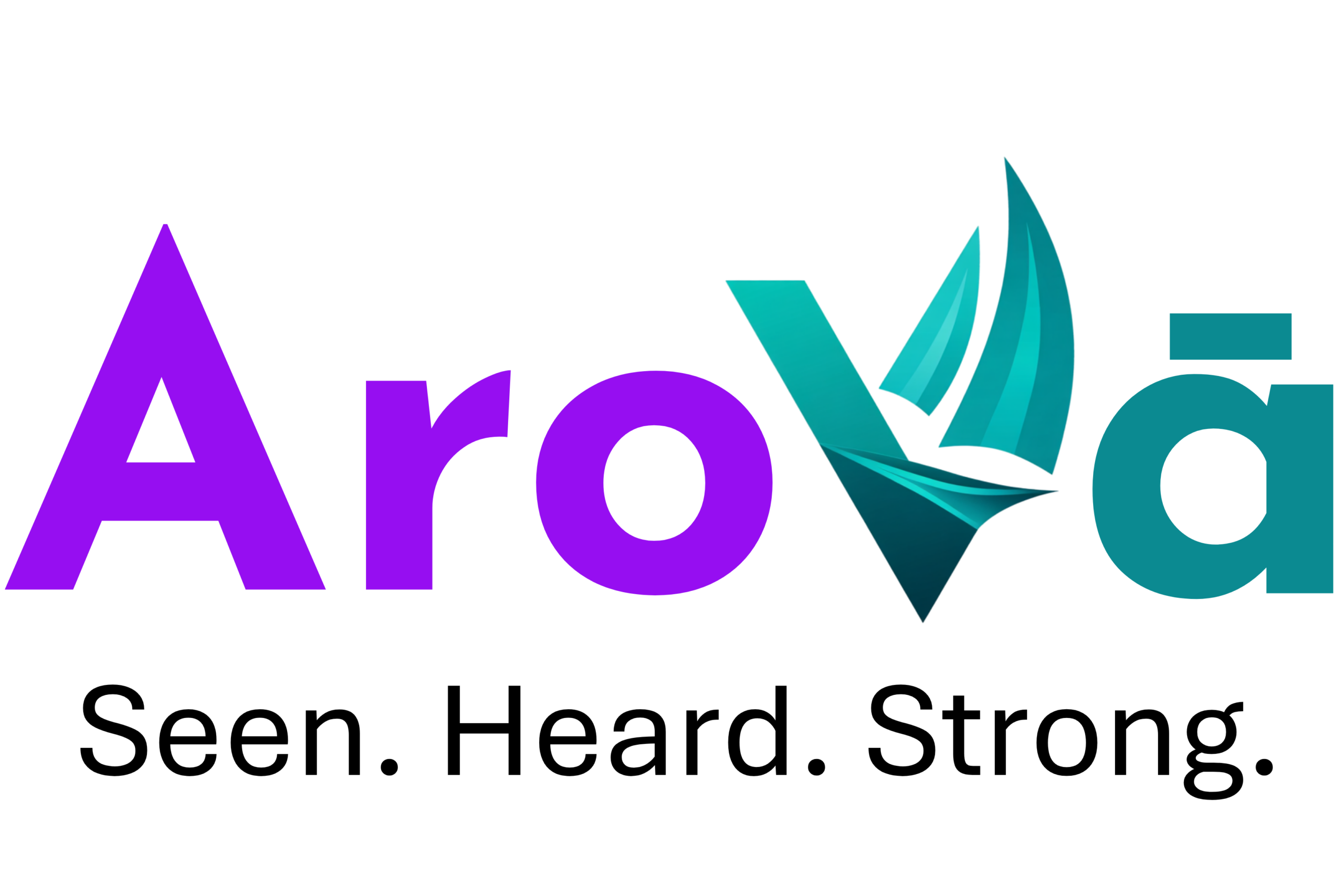 AroVā logo in vibrant purple and teal green, featuring a sail-shaped "V", with the tagline "Seen. Heard. Strong."